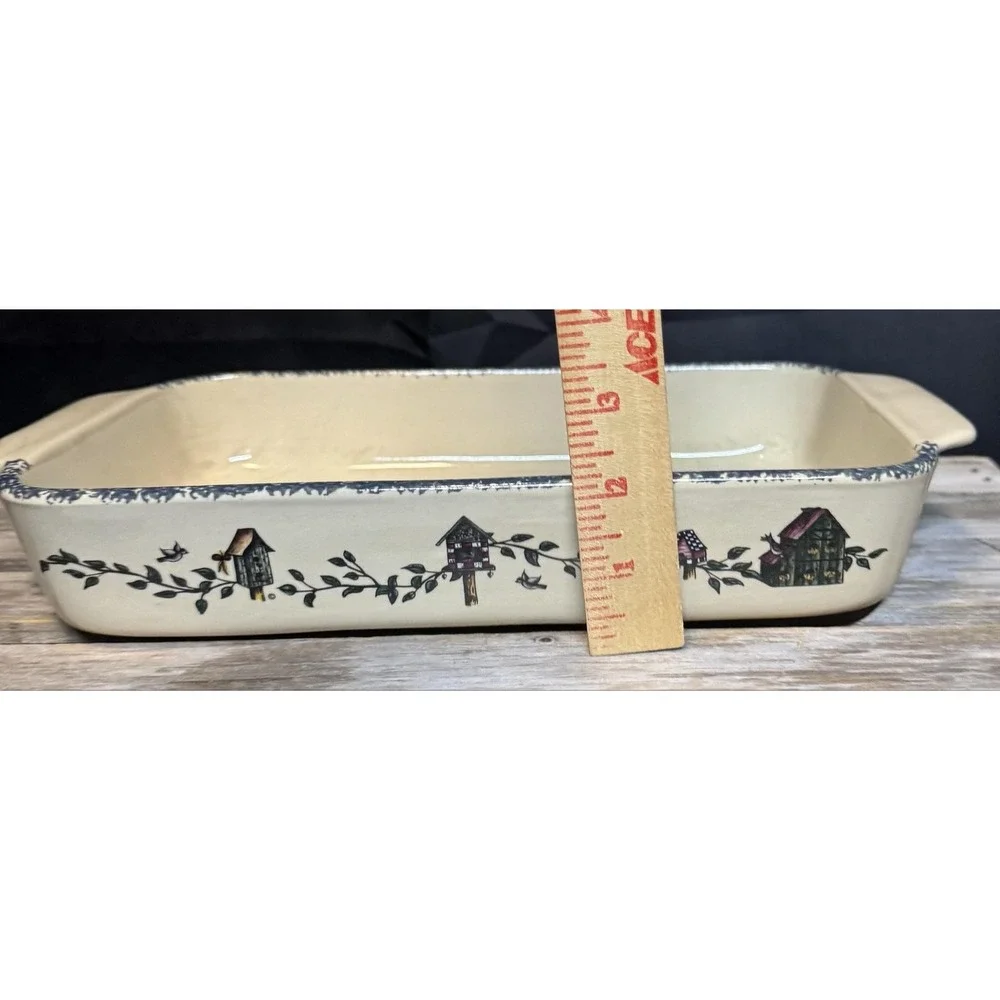 Vintage Home & Garden Party Birdhouse Baking Dish Beige Rectangle USA Ceramic